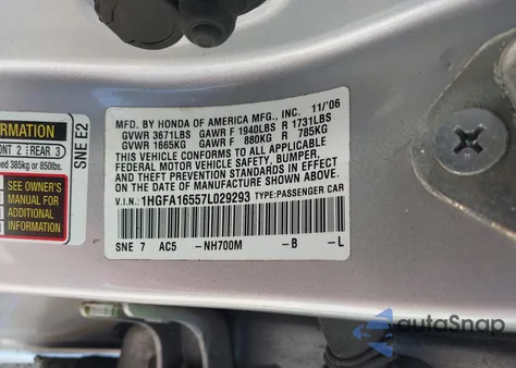 2007 Honda Civic Lx из США, поврежденный, VIN 1HGFA16557L029293